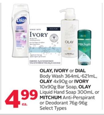 Rexall Olay, ivory or dial body wash 364ml-621ml, olay 4x90g or ivory 10x90g bar soap, olay liquid hand soap 300ml or mitchum anti-p offer