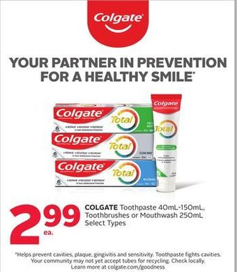 Rexall Colgate toothpaste 40ml-150ml, toothbrushes or mouthwash 250ml offer