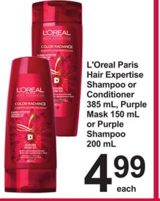 Pharmasave L'oreal paris hair expertise shampoo or conditioner 385 ml, purple mask 150 ml or purple shampoo 200 ml offer
