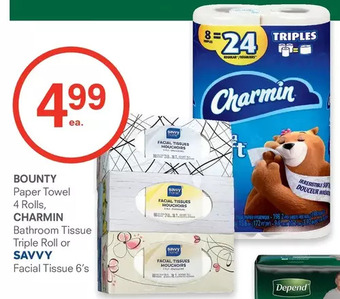 Guardian Pharmacy Bounty paper towel, charmin bathroom tissue triple roll or savvy facial tissue offer