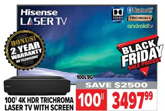 2001 Audio Video Hisense 100" 4k hdr trichroma laser tv with screen offer