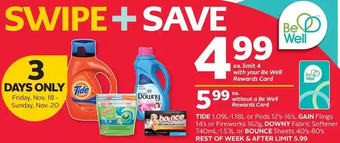 Rexall Tide or pods, gain flings or fireworks, downy fabric softener or bounce sheets offer