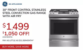 Goemans Appliances Ge appliances 30" front control stainless steel convection gas range with air fry offer