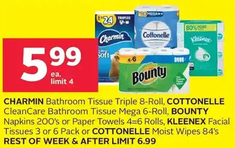 Rexall Charmin bathroom tissue, cottonelle cleancare bathroom tissue, bounty napkins or paper towels, kleenex facial tissues or cott offer