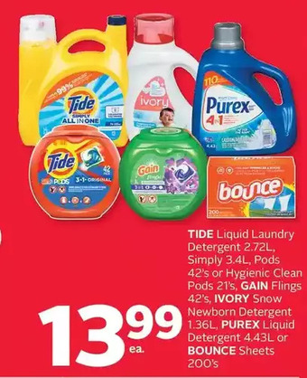 Rexall Tide liquid laundry detergent, simply, pods or hygienic clean pods, gain flings, ivory snow newborn detergent, purex liquid d offer