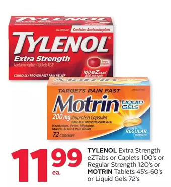 Rexall Tylenol extra strength eztabs or caplets or regular strength or motrin tablets or liquid gels offer