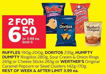 Rexall Ruffles, doritos, humpty dumpty ringolos, sour cream & onion rings or cheese sticks or werther's original caramel popcorn or offer