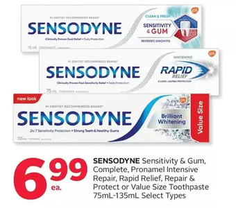 Rexall Sensodyne sensitivity & gum, complete, pronamel intensive repair, rapid relief, repair & protect or value size toothpaste offer