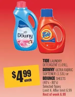 Shoppers Drug Mart Tide laundry detergent, downy ultra fabric softener or bounce sheets offer