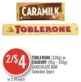 Shoppers Drug Mart Toblerone or cadbury chocolate bar offer