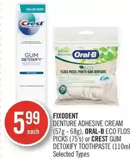 Shoppers Drug Mart Fixodent denture adhesive cream, oral-b eco floss picks or crest gum detoxify toothpaste offer