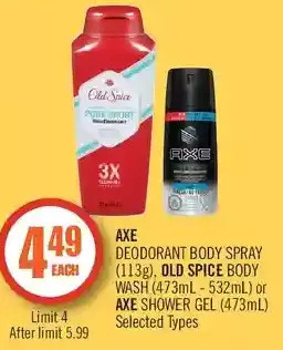 Shoppers Drug Mart Axe deodorant body spray, old spice body wash or axe shower gel offer
