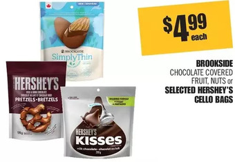 Shoppers Drug Mart Brookside chocolate covered fruit, nuts or hershey's cello bags offer