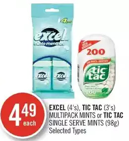Shoppers Drug Mart Excel, tic tac multipack mints or tic tac single serve mints offer