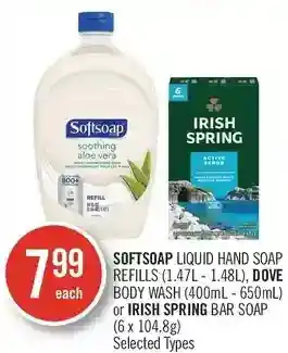 Shoppers Drug Mart Softsoap liquid hand soap refills or dove body wash or irish spring bar soap offer