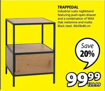 JYSK Trappedal industrial rustic nightstand featuring push-open drawer and a combination of wild oak melamine and matte black stee offer