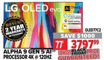 2001 Audio Video Lg 77" alpha 9 gen 5 ai processor 4k @ 120hz offer