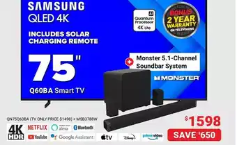 Visions Electronics Samsung qled 4k 75" smart tv + monster 5.1-channel soundbar system offer