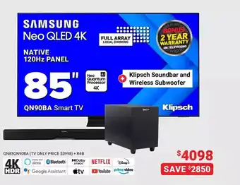 Visions Electronics Samsung neo qled 4k 85" smart tv + klipsch soundbar and wireless subwoofer offer