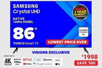 Visions Electronics Samsung crystal uhd native 120hz panel 86" tu9010 smart tv offer