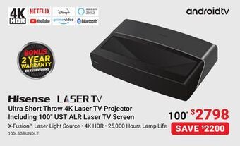 Visions Electronics Hisense ultra short throw 4k laser tv projector including 100" ust alr laser tv screen offer