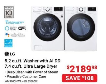 Visions Electronics Lg 5.2 cu.ft. washer with ai dd 7.4 cu.ft. ultra large dryer offer