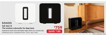 Visions Electronics Sonos sub (gen 3) the wireless subwoofer for deep bass offer