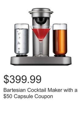 Costco Bartesian cocktail maker with a $50 capsule coupon offer