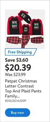 Walmart Patpat christmas letter contrast top and plaid pants family matching pajamas sets offer