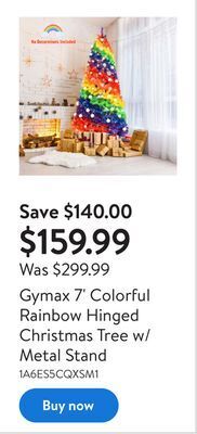 Walmart Gymax 7' colorful rainbow hinged christmas tree w/ metal stand offer