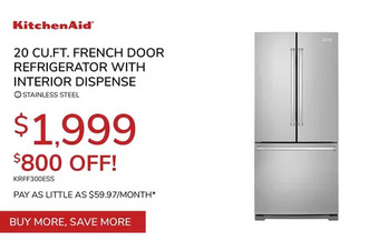 Goemans Appliances Kitchenaid 20 cu. ft. french door refrigerator with interior dispense offer