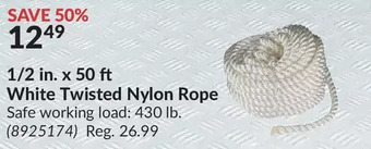 Princess Auto Tuff rope 1/2 in. x 50 ft white twisted nylon rope offer