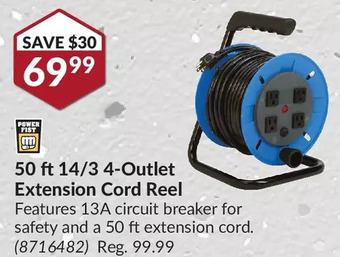 Princess Auto Power fist 50 ft 14/3 4-outlet extension cord reel offer