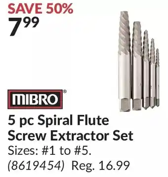 Princess Auto Mibro 5 pc spiral flute screw extractor set offer