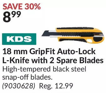 Princess Auto Kds 18 mm gripfit auto-lock l-knife with 2 spare blades offer