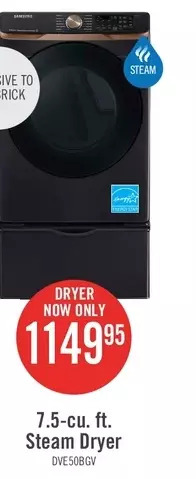 The Brick Samsung 7.5 cu. ft. smart electric dryer with steam sanitize+ - dve50bg8300vac offer