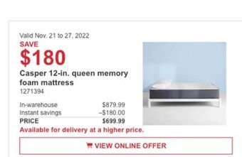 Costco Casper 12-in. queen memory foam mattress offer