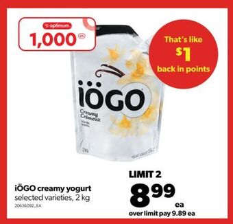 Real Canadian Superstore Iögo creamy yogurt, 2 kg offer