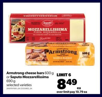 Real Canadian Superstore Armstrong cheese bars, 600 g or saputo mozzarellissima, 690 g offer