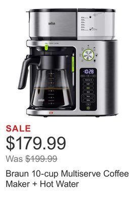 Costco Braun 10-cup multiserve coffee maker + hot water offer