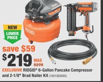 Home Depot Ridgid® 6-gallon pancake compressor and 2-1/8" brad nailer kit offer