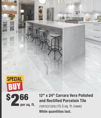 Home Depot 12" x 24" carrara vera polished and rectified porcelain tile offer
