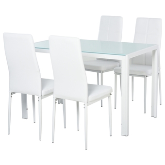 Best Buy Homcom dining table set for 4, 5-piece rectangular glass kitchen table with chairs with metal frame and faux leather upholste offer
