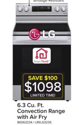 Leon's Lg stainless steel 6.3 cu ft. electric thinq® range with air fry and fan convection -lrel6323s offer