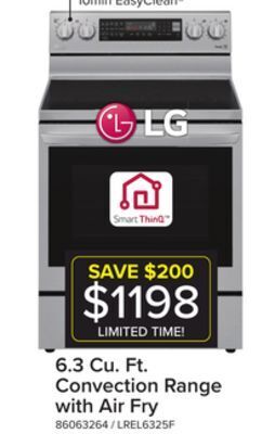 Leon's Lg smudge resistant stainless steel 6.3 cu ft. electric thinq® instaview™ range with air fry and true convection- lrel6325f offer