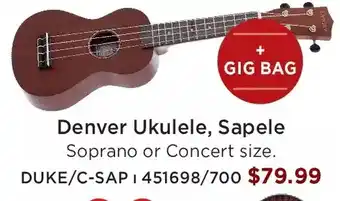 Long & McQuade Denver ukulele, sapele. duke/c-sap offer