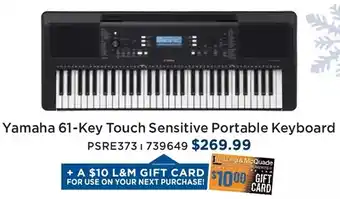 Long & McQuade Yamaha 61-key touch sensitive portable keyboard offer