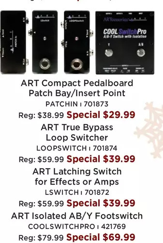 Long & McQuade Art compact pedalboard patch bay/insert point | art true bypass loop switcher | art latching switch for effects or amps | art offer
