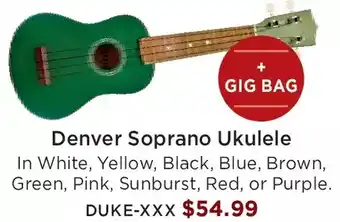 Long & McQuade Denver soprano ukulele in white, yellow, black, blue, brown, green, pink, sunburst, red or purple offer