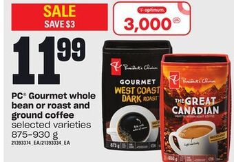 Loblaws Pc® gourmet whole bean or roast and ground coffee, 875-930 g offer